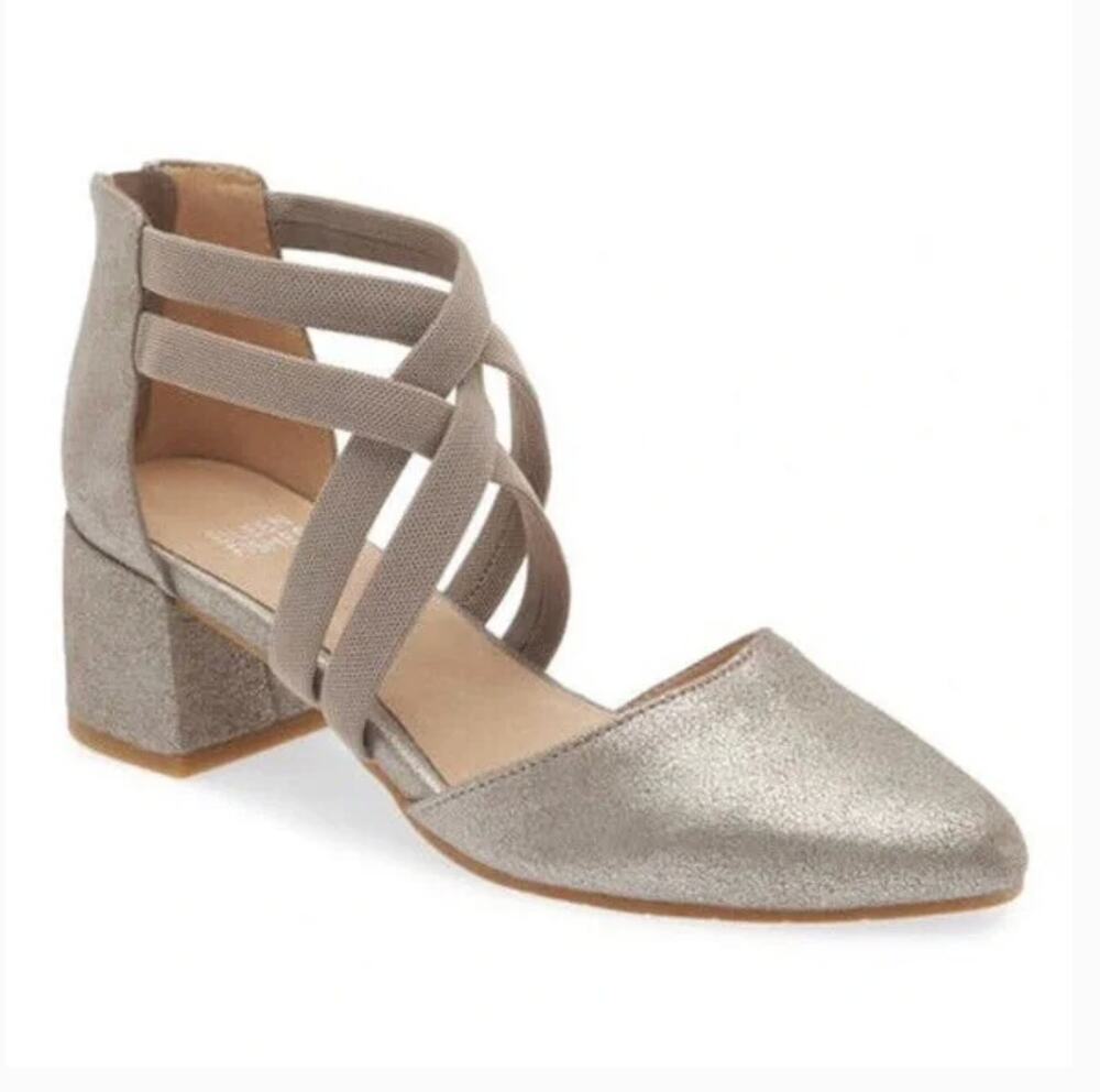 Eileen Fisher Juku Heels 5.5 NWOT Pumps Strappy Comfort Silver Gray Acadeia Prep